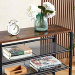 5-Tier Industrial Shoe Rack with rustic wood top showcasing shoes, books, and a decorative vase with flowers.