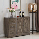 Farmhouse Sideboard Storage cabinet with drawers and doors, styled with flowers and beverages, perfect for home organization.
