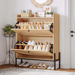 Rattan Flip-Top Shoe Cabinet displaying organized footwear with rattan craftsmanship and a stylish console top.