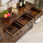 Farmhouse Buffet Sideboard with open drawers displaying storage and decorative items like fruit and wine bottles.