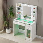 LED Vanity Desk with Charging Station & RGB Glass Top, illuminated beauty station for cosmetics.