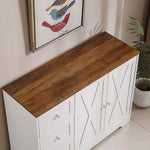 Farmhouse Sideboard Storage cabinet with rustic brown top and white body, perfect for organizing kitchen or dining spaces.
