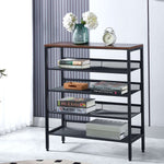 5-Tier Industrial Shoe Rack with rustic wood top and adjustable mesh shelves for shoes and decor.