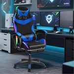 Ergonomic RGB LED Gaming Chair in black and blue, designed for comfort and dynamic lighting for gaming setups.