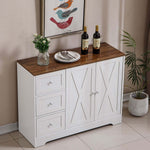 Farmhouse Sideboard Storage cabinet in white with rustic brown top, feature three drawers and double doors for versatile storage.