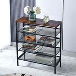 5-Tier Industrial Shoe Rack with rustic wood top and mesh shelves, ideal for shoes and decorative items.