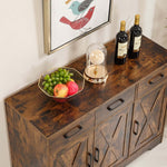 Farmhouse Buffet Sideboard cabinet topped with fruits, decorative glass dome, and wine bottles, showcasing rustic design.
