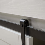 Close-up of farmhouse wine bar cabinet sliding door hardware, showcasing metal track and rustic white wood.