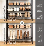 Shoe rack shelf configurations showing everyday shoe storage and a removed shelf to make space for tall boots