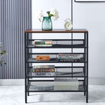 5-Tier Industrial Shoe Rack with rustic wood top, featuring adjustable shelves for storage and stylish design.