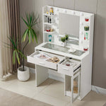 LED Vanity Desk with Charging Station, see-through glass top and illuminated mirror for cosmetics display.