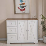Farmhouse Sideboard Storage cabinet in white with wooden top and sleek design, perfect for dining rooms and kitchens.