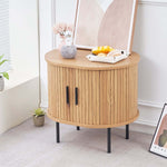 Sliding tambour door mechanism on round side table with storage