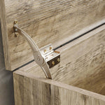 Close-up of the hinge mechanism on a Rustic Wooden Storage bench, showcasing its durable design and functionality.