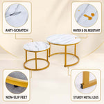 Feature details of white marble-effect nesting tables with non-slip adjustable feet