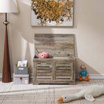 Rustic Storage Trunk Shoe Bench with open flip-top, teddy bear, and playful decor in stylish living room setting.