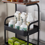 3-Tier Rolling Storage Cart with Wood Top displaying bottles and containers for organized storage in a stylish kitchen.