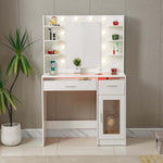 LED Vanity Desk with Charging Station & RGB Glass Top DR-17 featuring illuminated mirror and storage for cosmetics.