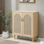 Arched Rattan Shoe Cabinet with 2 doors in a stylish entryway, featuring a minimalist design and natural tones.
