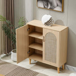 Arched Rattan Shoe Cabinet with 2 Doors in a bright, modern entryway, showcasing stylish storage and a bohemian aesthetic.