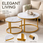 White and gold round nesting coffee tables highlighting smooth edges and metal frames