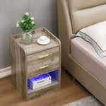 Modern LED Pedestal with Open Shelf - Set of 2, featuring wood-grain finish and USB LED light, ideal for bedrooms.
