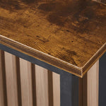 Close-up of the surface of a Narrow Sofa Table with Charging Station, showcasing the rich wood finish and sleek black legs.
