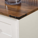 Close-up of the rustic wood top and metal corner detail of the Farmhouse Wine Bar Cabinet.