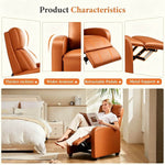 Product characteristics of a Manual Recliner chair including thicker recliner, wider armrest, retractable pedals, and metal support.
