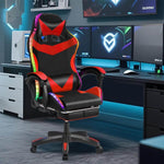 Ergonomic RGB LED Gaming Chair in black and red, featuring dynamic lighting in a stylish gaming setup.
