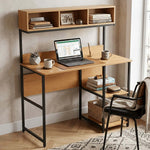 Compact office desk with bookshelf storage, study desk setup and open shelving