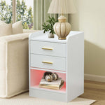Modern LED Pedestal with open shelf and two drawers, stylish decor for bedroom or living room.