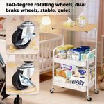 3-Tier Rolling Storage Cart with Wood Top showcasing 360-degree rotating wheels and dual brake wheels for stability and quiet movement.