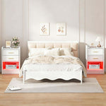 Modern LED Pedestal with Open Shelf - Set of 2 in a stylish bedroom setting with ambient lighting.