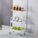 3-Tier Rolling Storage Cart with Wood Top holding drinks and beverages, perfect for kitchen or storage organization.