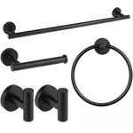 Matte Black Bathroom Towel Rack Set – 5 Piece includes towel bar, towel ring, toilet paper holder, and robe hooks.