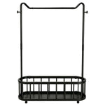 Freestanding Clothes Rack with open bottom shelf and lockable wheels, ideal for organizing clothing and accessories.