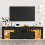 White and black LED TV stand with warm lighting in a modern lounge