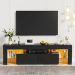White and black LED TV stand with warm lighting in a modern lounge