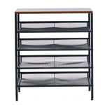 5-Tier Industrial Shoe Rack with rustic wood top and adjustable mesh shelves, perfect for organizing shoes.