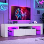 White TV stand with purple RGB lighting in a modern gaming room