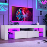 White TV stand with purple RGB lighting in a modern gaming room