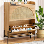 Rattan Flip-Top Shoe Cabinet featuring a stylish design with rattan elements, showcasing organized shoes in an entryway.