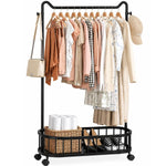 Freestanding Clothes Rack with stylish clothes hanging, open shelf below, and lockable wheels for easy mobility.