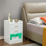 Modern LED Pedestal with elegant design beside a bed, featuring open shelf and LED lighting.