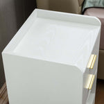 Modern LED Pedestal showcasing a sleek white top and elegant gold handles, ideal for bedroom organization.