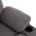 Corduroy Recliner Chair armrest with cup holder and plush padded cushion.