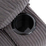 Close-up of cup holder on a Corduroy Recliner Chair, showcasing the textured fabric and ergonomic design.