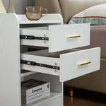 Modern LED Pedestal with open shelves and drawers, perfect for stylish bedroom decor and organization.