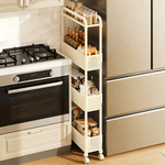 4-Tier Rolling Storage Cart with bottles and jars in a modern kitchen setting, space-saving design next to stove.